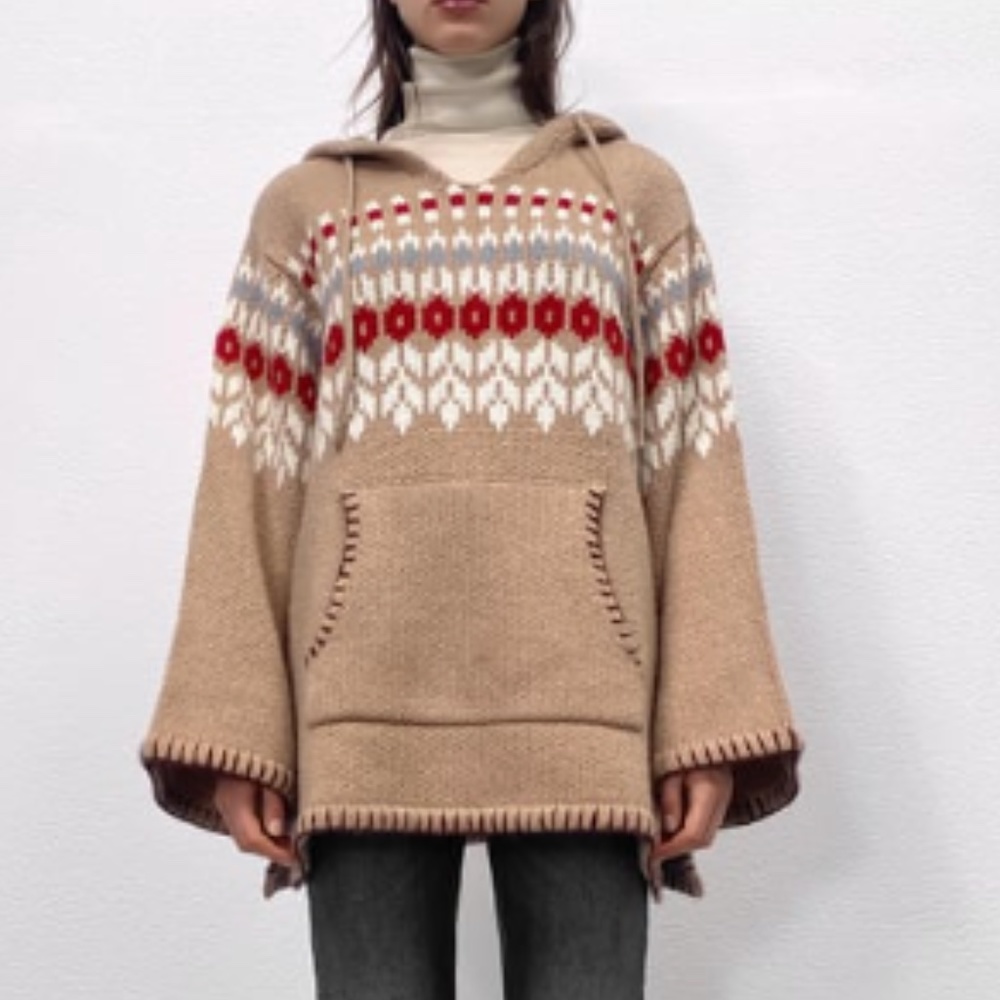 Zara limited edition brown camel Fair Isle wool jacquard poncho sweater … - Picture 2 of 14